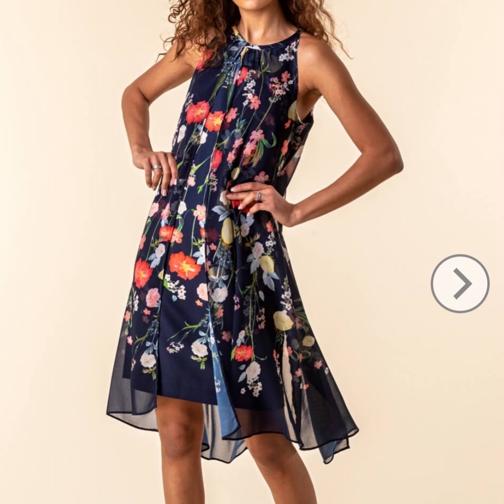 Roman, Navy Floral Chiffon Overlay Dress, NWOT, Size 14
